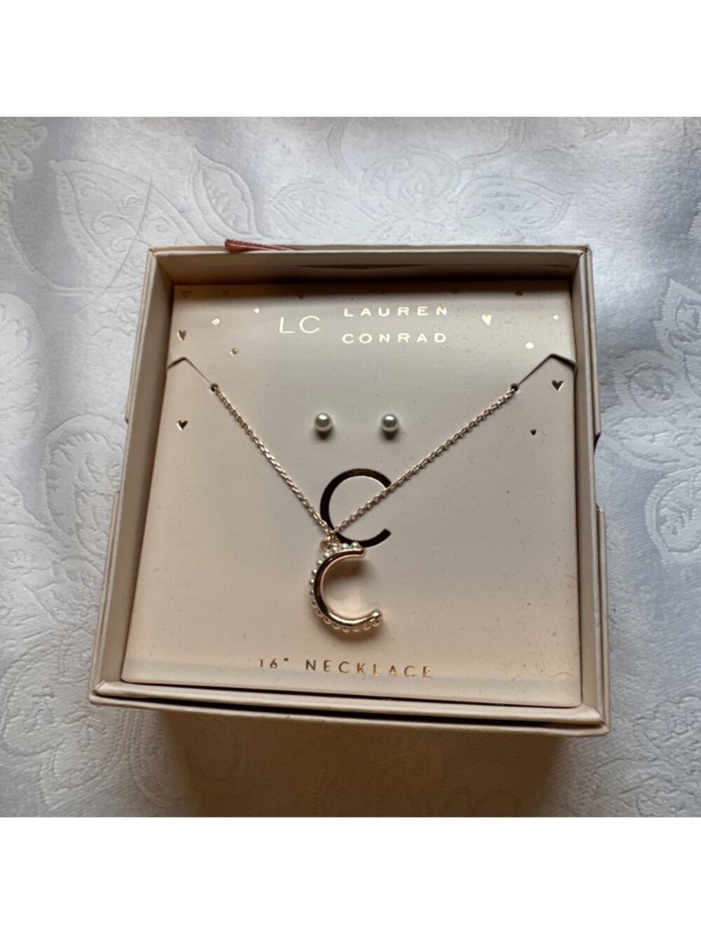 LAUREN CONRAD Initial "C” Gold Tone NECKLACE & Pearl Earring SET w/Gift Box NEW
